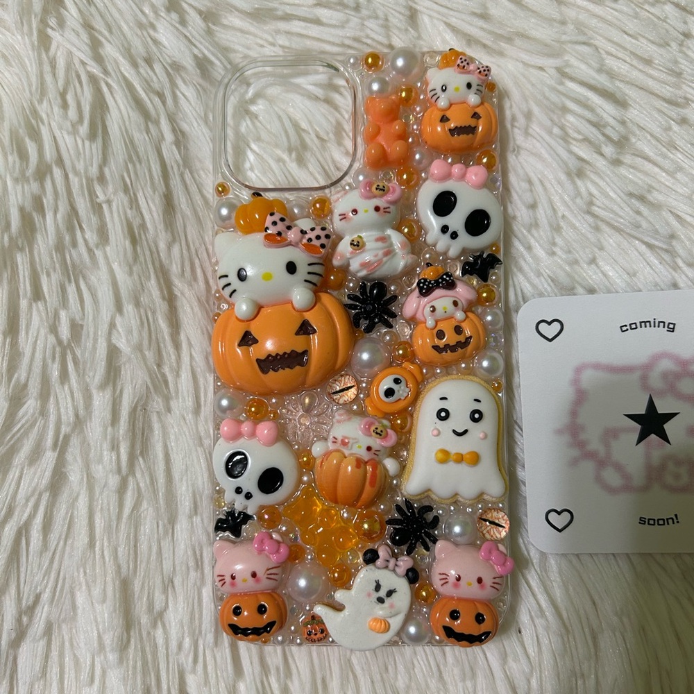 Handmade iPhone 15 Junk Case Halloween Spooky Hello Kitty Sanrio Goth Kawaii Y2K